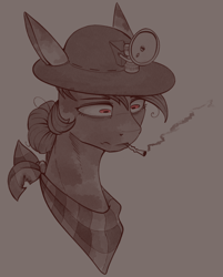 Size: 900x1120 | Tagged: safe, artist:stray prey, derpibooru import, oc, oc only, oc:number nine, earth pony, pony, bust, cigarette, earth pony oc, helmet, mining helmet, portrait, smoking, solo, sternocleidomastoid