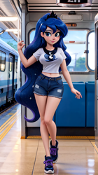 Size: 512x912 | Tagged: safe, ai content, derpibooru import, generator:bing image creator, generator:dall-e 3, machine learning generated, princess luna, human, g4, belly, belly button, clothes, crown, cutie mark on clothes, daisy dukes, denim, denim shorts, female, humanized, jewelry, looking at you, prompter:cloudmaster316, raised hand, regalia, shirt, shoes, shorts, sneakers, solo, starry hair, t-shirt, thigh gap, train, train station