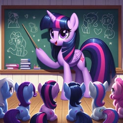 Size: 1024x1024 | Tagged: safe, ai content, derpibooru import, generator:bing image creator, generator:dall-e 3, machine learning generated, twilight sparkle, twilight sparkle (alicorn), alicorn, earth pony, pony, g4, chalkboard, female, filly, foal, hoof hold, open mouth, open smile, prompter:nightofcore, smiling, stick, teacher, wrong cutie mark