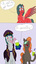 Size: 648x1152 | Tagged: safe, artist:nukepony360, derpibooru import, oc, oc only, oc:boneyard, oc:leystone, oc:tradewind, earth pony, pegasus, unicorn, 2 panel comic, clothes, comic, drink, eyepatch, female, goggles, hat, horn, male, mare, scar, silly straw, smoothie, splotches, stallion, trio, uniform