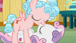 Size: 1949x1101 | Tagged: safe, derpibooru import, cozy glow, sweetie belle, pegasus, pony, unicorn, g4, clubhouse, crusaders clubhouse, duo, duo female, eyes closed, female, filly, foal, french kiss, horn, kiss on the lips, kissing, lesbian, lying down, on back, ship:cozybelle, shipping