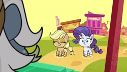 Size: 1920x1088 | Tagged: safe, derpibooru import, screencap, applejack, rarity, earth pony, pony, unicorn, g4, g4.5, my little pony: pony life, the great cowgirl hat robbery, female, horn, saddle bags, trio, trio female