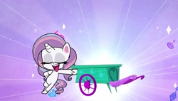 Size: 1920x1088 | Tagged: safe, derpibooru import, screencap, potion nova, pony, unicorn, g4, g4.5, meet potion nova!, my little pony: pony life, bipedal, bipedal leaning, eyes closed, female, horn, leaning, mare, open mouth, solo, wagon