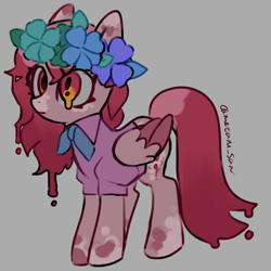 Size: 4096x4096 | Tagged: safe, artist:metaruscarlet, derpibooru import, oc, oc only, oc:metaru scarlet, pegasus, pony, clothes, exclamation point, flower, flower in hair, folded wings, gray background, leaves, leaves in hair, melting, pegasus oc, simple background, solo, spotted, wings