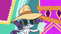 Size: 1920x1088 | Tagged: safe, derpibooru import, screencap, rarity, pony, unicorn, g4, g4.5, my little pony: pony life, the shows must go on, female, hat, horn, mare, solo, sunglasses