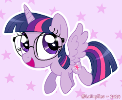 Size: 644x528 | Tagged: safe, artist:lullapiies, derpibooru import, twilight sparkle, twilight sparkle (alicorn), alicorn, pony, g4, chibi, cute, glasses, open mouth, open smile, patterned background, smiling, solo, spread wings, star background, twiabetes, wings