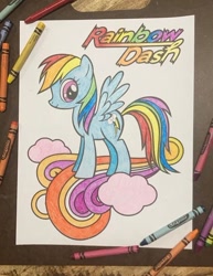 Size: 631x817 | Tagged: safe, artist:lullapiies, derpibooru import, rainbow dash, pegasus, pony, g4, coloring page, crayon, female, irl, lesbian flag, mare, photo, solo, standing, stock vector, traditional art