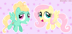 Size: 1272x608 | Tagged: safe, artist:lullapiies, derpibooru import, fluttershy, zephyr breeze, pegasus, pony, g4, brother and sister, chibi, cute, duo, duo male and female, female, grin, hair bun, lidded eyes, male, open mouth, open smile, patterned background, shiny hair, shyabetes, siblings, smiling, spread wings, star background, wings, zephyrbetes