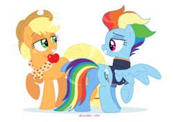 Size: 1736x1228 | Tagged: safe, artist:lullapiies, derpibooru import, applejack, rainbow dash, pony, g4, apple, appledash, backwards cutie mark, braid, braided tail, duo, duo female, female, food, lesbian, lidded eyes, looking at each other, looking at someone, mouth hold, older, raised hoof, raised leg, shipping, simple background, smiling, smiling at each other, smiling at someone, spread wings, tail, tail band, white background, wings