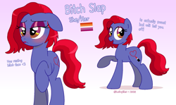 Size: 1638x978 | Tagged: safe, artist:lullapiies, derpibooru import, oc, oc only, oc:bitch slap, earth pony, pony, eyeshadow, female, gradient background, lipstick, makeup, mare, pride, pride flag, solo