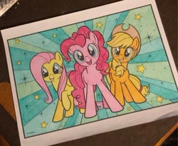 Size: 740x611 | Tagged: safe, artist:lullapiies, derpibooru import, applejack, fluttershy, pinkie pie, earth pony, pegasus, pony, g4, coloring page, cute, diapinkes, female, jackabetes, mare, shyabetes, traditional art, trio, trio female