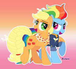 Size: 1163x1071 | Tagged: safe, artist:lullapiies, derpibooru import, applejack, rainbow dash, earth pony, pegasus, pony, g4, appledash, arm on shoulder, bomber jacket, duo, duo female, female, gradient background, heart, heart eyes, jumper, lesbian, older, older applejack, older rainbow dash, open mouth, open smile, shipping, smiling, wingding eyes