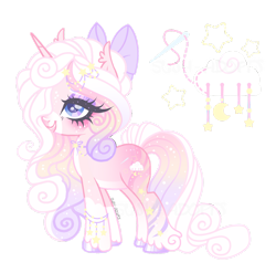 Size: 1280x1263 | Tagged: safe, artist:just-silvushka, derpibooru import, oc, oc only, earth pony, pony, unicorn, g4, blushing, bow, bow collar, bracelet, cloud, coat markings, collar, colored hooves, commission, constellation, constellation freckles, cream, curls, curly hair, curly mane, curly tail, cutie mark, dappled, ear fluff, ears, eyelashes, female, freckles, hooves, horn, jewelry, lavender, leg stripes, needle, nose blush, pink, rainbow tail, reference sheet, simple background, socks (coat marking), solo, standing, stitches, striped mane, striped tail, stripes, tail, transparent background, white