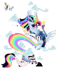Size: 1920x2344 | Tagged: safe, artist:just-silvushka, derpibooru import, discord, rainbow dash, oc, oc only, hybrid, pony, g4, adoptable, adoptable open, antlers, bipedal, black hooves, body markings, bone, bone tail, chest fluff, claws, clothes, cloud, coat markings, colored eartips, colored wings, colored wingtips, crying, cryliner, ear fluff, ears, ethereal body, eyelashes, eyeliner, eyeshadow, feather, feathered wings, galaxy body, gray fur, hooves, interspecies offspring, looking back, makeup, mane, mismatched arms, moon, multicolored hair, multicolored tail, next generation, offspring, one wing out, parent:discord, parent:rainbow dash, parents:discodash, profile, rainbow, rainbow body, rainbow hair, rainbow tail, raised arms, red eyes, running makeup, shiny hair, shiny tail, simple background, smiling, sparkles, sparkly hair, standing, stars, striped, striped mane, striped tail, stripes, sun, tail, thin, thin arms, transparent background, transparent flesh, two toned wings, unnamed oc, watermark, white fur, wings, zebra stripes