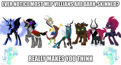 Size: 924x499 | Tagged: safe, derpibooru import, discord, king sombra, lord tirek, lyra heartstrings, nightmare moon, queen chrysalis, tempest shadow, timber wolf, g4, caption, image macro, op is a cuck, op is trying to start shit, palindrome get, simple background, text