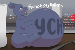 Size: 2700x1798 | Tagged: safe, artist:brushwork, derpibooru import, oc, oc only, pony, belly, big belly, blueberry inflation, blushing, burp, commission, huge belly, impossibly large belly, inflation, micro, shrunk, solo, stuffed, transformed, your character here