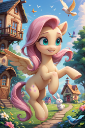 Size: 768x1152 | Tagged: safe, ai content, derpibooru import, machine learning assisted, machine learning generated, fluttershy, bird, butterfly, pegasus, pony, rabbit, g4, animal, cottage, female, flying, full body, mare, prompter:tayblossom, smiling, solo, sunny day