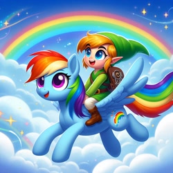 Size: 1024x1024 | Tagged: safe, ai content, derpibooru import, generator:bing image creator, generator:dall-e 3, machine learning generated, rainbow dash, pegasus, pony, g4, cloud, crossover, cute, flying, hylian, link, nintendo, prompter:user15432, rainbow, riding, the legend of zelda, toon link, wrong cutie mark