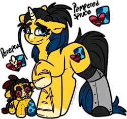 Size: 1983x1855 | Tagged: safe, artist:sexygoatgod, derpibooru import, oc, oc:pampered spruce, oc:perepru, original species, pony, unicorn, amputee, female, horn, mare, plush pony, plushie, prosthetic leg, prosthetic limb, prosthetics, self paradox, self ponidox, simple background, transparent background