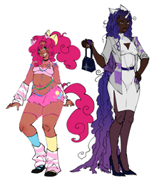 Size: 2073x2249 | Tagged: safe, artist:hal9000fanboy, derpibooru import, pinkie pie, rarity, human, g4, dark skin, duo, duo female, eared humanization, female, horn, horned humanization, humanized, simple background, tail, tailed humanization, white background