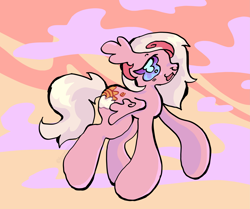 Size: 4065x3399 | Tagged: safe, artist:larvaecandy, derpibooru import, oc, oc only, oc:dizzy dawn, pegasus, pony, :3, abstract background, artfight, big hooves, bipedal, blonde, blonde mane, blonde tail, blue eyes, blush lines, blushing, colored sclera, dyed mane, ear fluff, ears, eyelashes, female, floppy ears, folded wings, gift art, high res, lidded eyes, long legs, long mane, long tail, mare, mare oc, no pupils, nose piercing, open mouth, open smile, outdoors, pegasus oc, piercing, pink coat, ponysona, profile, purple sclera, raised hoof, raised leg, septum piercing, sky background, smiling, solo, sunset, tail, two toned mane, two toned sclera, wingding eyes, wings