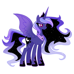 Size: 2048x2048 | Tagged: safe, artist:reverieraven_, derpibooru import, nightmare moon, princess celestia, princess luna, alicorn, pony, g4, alternate universe, base used, canon, concave belly, crown, design, female, high res, horn, jewelry, mare, mare in the moon, moon, night, nightmare night, older, older luna, older princess luna, pegasus wings, queen luna, redesign, regalia, royal sisters, royalty, siblings, simple background, sisters, slender, solo, spread wings, thin, transparent background, unicorn horn, wings, young celestia