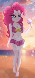 Size: 900x2000 | Tagged: safe, artist:emeraldblast63, derpibooru import, part of a set, pinkie pie, equestria girls, g4, beach, belly, belly button, bikini, breasts, clothes, feet, female, food, ice cream, ice cream cone, nail polish, pinkie pie swimsuit, solo, stupid sexy pinkie, swimsuit, toenail polish