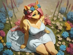 Size: 1000x750 | Tagged: safe, ai content, artist:evehly, derpibooru import, fluttershy, anthro, pegasus, unguligrade anthro, g4, ai reference, breasts, cleavage, clothes, digital art, dress, female, floral head wreath, flower, hootershy, looking at you, looking up, mare, sitting, smiling, solo