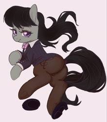 Size: 1803x2048 | Tagged: safe, artist:rirurirue, derpibooru import, octavia melody, earth pony, pony, g4, businessmare, butt, clothes, female, frog (hoof), high heels, lidded eyes, looking at you, mare, pantyhose, partially undressed, plot, shoes, simple background, smiling, smiling at you, solo, treblebutt, underhoof, white background