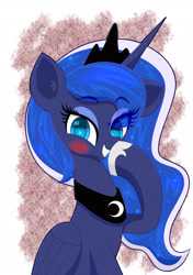 Size: 1900x2700 | Tagged: safe, artist:scandianon, derpibooru import, princess luna, alicorn, pony, g4, blushing, cute, eyebrows, eyebrows visible through hair, female, hoof over mouth, looking at you, lunabetes, mare, smiling, solo