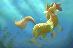 Size: 1825x1211 | Tagged: safe, artist:kaijulii, derpibooru import, oc, oc only, fish, sea pony, unicorn, bubble, crepuscular rays, curved horn, cute, digital art, dot eyes, fins, flowing mane, flowing tail, goldfish, horn, ocean, orange coat, orange hair, orange mane, seaweed, solo, sunlight, swimming, tail, underwater, unicorn horn, water