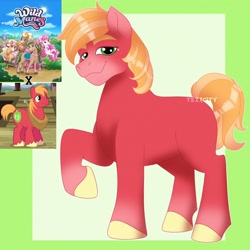 Size: 3000x3000 | Tagged: safe, artist:texacity, derpibooru import, big macintosh, earth pony, pony, g4, bailey (wild manes), candi (wild manes), cherie (wild manes), cocoa (wild manes), green background, looking at you, male, missing accessory, missing cutie mark, passepartout, raised hoof, raised leg, reference sheet, screencap reference, simple background, smiling, smiling at you, solo, stallion, style emulation, wild manes, wild manesified