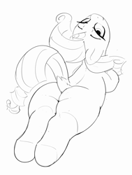 Size: 3033x4003 | Tagged: safe, artist:pabbley, derpibooru import, rarity, pony, unicorn, g4, black and white, butt, cute, dock, female, grayscale, horn, lidded eyes, looking at you, looking back, looking back at you, lying down, mare, monochrome, nose in the air, plot, plump, prone, raised tail, raribetes, rearity, simple background, solo, sploot, tail, upside down, white background