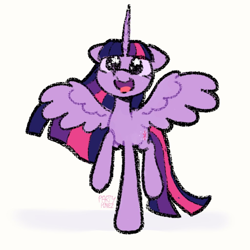 Size: 1024x1024 | Tagged: safe, artist:starrymysteryy, derpibooru import, twilight sparkle, twilight sparkle (alicorn), alicorn, pony, g4, bipedal, cute, female, horn, mare, open mouth, open smile, signature, simple background, smiling, solo, spread wings, starry eyes, twiabetes, white background, wingding eyes, wings