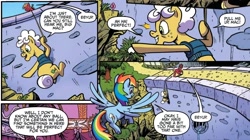 Size: 2068x1162 | Tagged: safe, artist:pencils, derpibooru import, idw, big macintosh, goldie delicious, rainbow dash, earth pony, pegasus, pony, g4, spoiler:comic, spoiler:comic70, dam, official comic, rappelling, rope