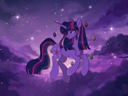 Size: 2160x1620 | Tagged: safe, artist:cursed soul, derpibooru import, twilight sparkle, unicorn twilight, pony, unicorn, g4, cloud, complex background, element of generosity, element of honesty, element of kindness, element of laughter, element of loyalty, element of magic, elements of harmony, fanart, female, horn, mare, night, sky, solo, space, stars