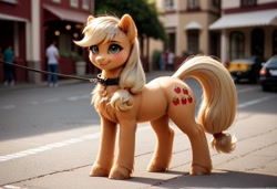 Size: 1600x1095 | Tagged: safe, ai content, derpibooru import, generator:pony diffusion v6 xl, generator:stable diffusion, machine learning generated, applejack, earth pony, pony, g4, blurry background, blushing, chest fluff, collar, cute, daaaaaaaaaaaw, detailed, ear fluff, ears, female, fluffy, jackabetes, leash, mare, pony pet, prompter:zetamad, realistic, smiling, solo, street, unshorn fetlocks, wrong cutie mark