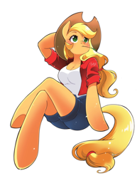 Size: 1582x2048 | Tagged: safe, artist:nekoshiei, derpibooru import, applejack, anthro, earth pony, g4, applejack's hat, arm hooves, blushing, breasts, clothes, cowboy hat, crossed legs, denim, denim shorts, female, freckles, hairband, hat, jacket, mare, shirt, shorts, signature, simple background, sitting, solo, straw in mouth, white background, white pupils