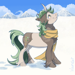 Size: 2000x2000 | Tagged: safe, artist:universalheart, derpibooru import, oc, oc only, pony, unicorn, clothes, coat markings, hoofprints, horn, looking up, mountain, mountain range, scarf, smiling, snow, solo