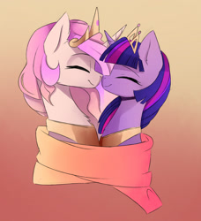Size: 1532x1682 | Tagged: safe, artist:magnaluna, derpibooru import, princess celestia, twilight sparkle, twilight sparkle (alicorn), alicorn, pony, g4, boop, crown, duo, duo female, eyes closed, female, gradient background, horn, horns are touching, jewelry, lesbian, mare, noseboop, peytral, profile, regalia, shipping, side view, smiling, twilestia