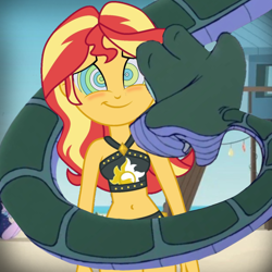 Size: 1000x1000 | Tagged: safe, artist:ticklehypno, derpibooru import, edit, edited screencap, screencap, sunset shimmer, human, snake, equestria girls, g4, beach, blushing, clothes, coils, cute, duo, female, hypno eyes, hypnosis, hypnotized, kaa, kaa eyes, male, swimsuit