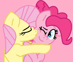 Size: 418x353 | Tagged: safe, artist:jadeharmony, artist:madzbases, derpibooru import, fluttershy, pinkie pie, earth pony, pegasus, pony, g4, alternate hairstyle, base used, cute, daaaaaaaaaaaw, diapinkes, duo, duo female, eyes closed, female, flutterpie, hug, kiss on the cheek, kissing, lesbian, mare, one eye closed, pink background, shipping, shyabetes, simple background, smiling, sweet dreams fuel, wholesome