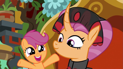 Size: 1023x576 | Tagged: artist needed, safe, anonymous artist, artist:frownfactory, derpibooru import, edit, edited screencap, screencap, sable spirit, scootaloo, pony, unicorn, campfire tales, g4, alternate universe, clothes, cute, cutealoo, daaaaaaaaaaaw, dialogue in the description, duo, duo female, empress sable spirit, female, filly, foal, horn, looking at each other, looking at someone, mare, mother and child, mother and daughter, open mouth, open smile, parent and child, scootalove, smiling, smiling at each other, what if, young sable spirit