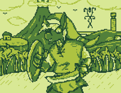 Size: 891x687 | Tagged: safe, artist:damset, derpibooru import, oc, oc:da-mset, bird, changeling, beach, clothes, digital art, house, monochrome, mountain, ms paint, palm tree, pixel art, shield, sword, the legend of zelda, the legend of zelda: link's awakening, tower, tree, tunic, weapon