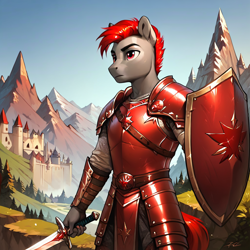 Size: 1024x1024 | Tagged: safe, ai content, derpibooru import, generator:pony diffusion v6 xl, generator:stable diffusion, machine learning generated, oc, oc only, oc:raven blood, anthro, pony, armor, background, castle, fantasy class, forest, gray coat, knight, mountain, nature, prompter:infernum, red eyes, red hair, red mane, red tail, serious, serious face, shield, solo, sword, tail, tree, warrior, weapon