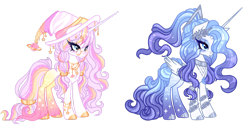 Size: 1920x968 | Tagged: source needed, useless source url, safe, artist:just-silvushka, derpibooru import, oc, oc only, alicorn, adoptable, blue eyes, blue eyeshadow, blue mane, blue tail, blushing, bracelet, braid, collar, colored hooves, duo, duo female, eyelashes, eyeshadow, female, glasses, gold, gold glasses, gold hooves, hat, hooves, horn, jewelry, lavender mane, lavender tail, long hair, long horn, long tail, makeup, multicolored mane, multicolored tail, necklace, pink mane, pink tail, planet, ponytail, silver hooves, simple background, stars, striped mane, striped tail, stripes, tail, transparent background, unshorn fetlocks, white fur, witch hat