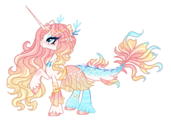 Size: 1920x1386 | Tagged: safe, artist:just-silvushka, derpibooru import, oc, oc only, hybrid, unicorn, adoptable, anklet, blue eyes, blue scales, blue tail, blushing, bracelet, circlet, clam, clothes, colored hooves, coral, cream fur, ear piercing, earring, eyelashes, eyeshadow, female, fins, hairpin, hooves, horn, hybrid oc, jewelry, knee blush, long horn, long mane, long tail, makeup, multicolored tail, next generation, nose blush, piercing, pink mane, scales, skirt, stripes, tail