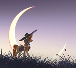 Size: 2258x2000 | Tagged: safe, artist:hichieca, derpibooru import, oc, oc only, pony, crescent moon, flower, grass, hat, moon, scenery, sky, solo