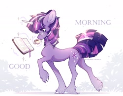 Size: 1940x1520 | Tagged: safe, artist:avroras_world, derpibooru import, twilight sparkle, unicorn twilight, unicorn, g4, book, cup, ears, ears back, female, floppy ears, glasses, levitation, magic, mare, solo, teacup, telekinesis, text