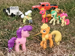 Size: 1032x774 | Tagged: safe, artist:dingopatagonico, derpibooru import, apple bloom, apple fritter, applejack, big macintosh, granny smith, sugar belle, earth pony, unicorn, g4, apple family, apple family member, horn, jeep, photo, toy